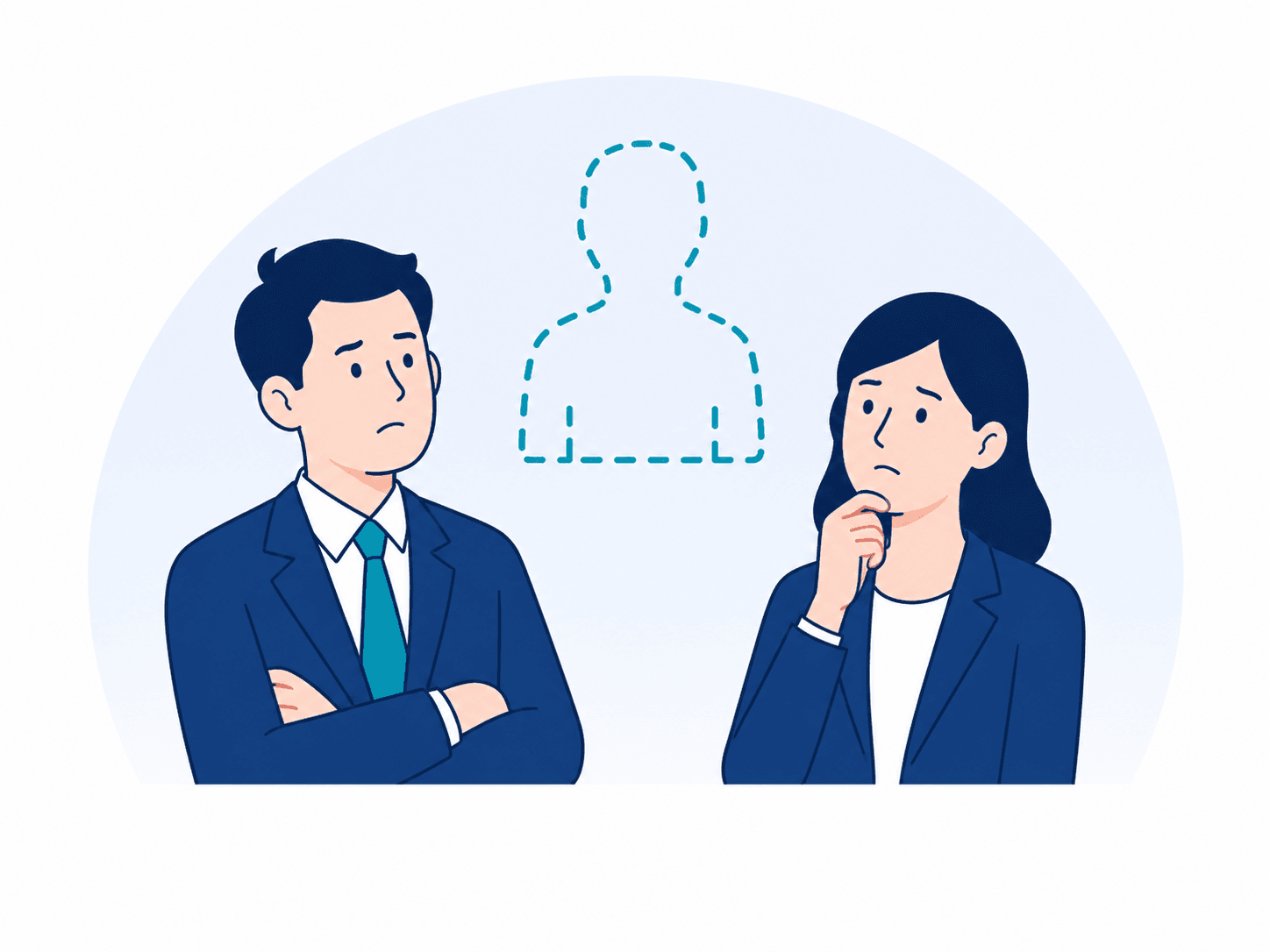 AI活用を進めたいが社内に推進役がいないことに悩む2人のビジネスパーソンと、人材の不在を示す点線の人型